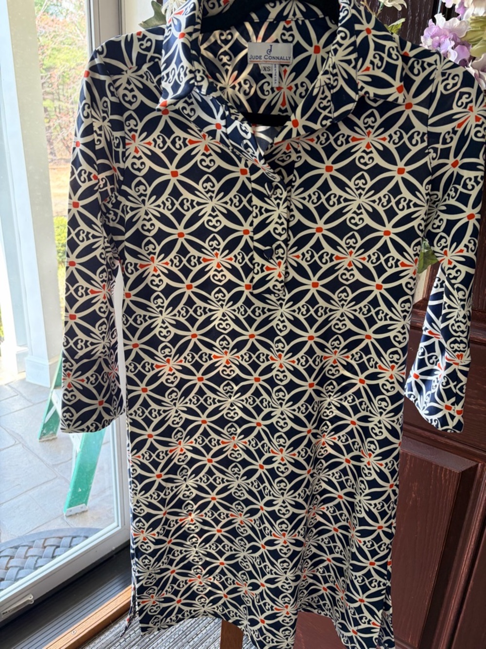 Jude Connally XS Navy, Cream & Orange Geometric 3/4 Long Sleeve Dress